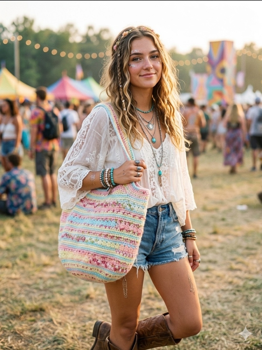 Boho Crochet Pastel Tote Bag - Multicolor